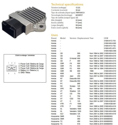DZE REGULATOR NAPIĘCIA HONDA SH 125 SCOOPY '01-'04; VT 125C '01-'07; XLV 125 VARADERO '01-'06; CB 250 '91-'07; CB 500 '94-'02; C