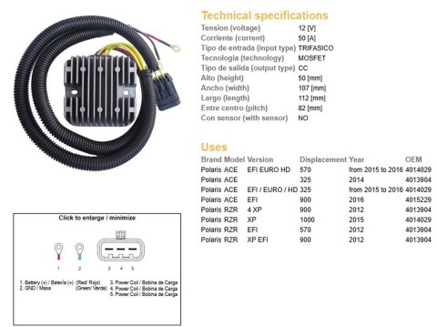 DZE REGULATOR NAPIĘCIA POLARIS ACE 325 EFI '14-'16; 570 EFI '15-'16; 900 '16; RZR 570/900 '12; RZR 1000 EFI '15; (50A) (OEM 4013