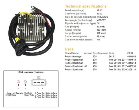 DZE REGULATOR NAPIĘCIA POLARIS SPORTSMAN 450 '16-'17; 570 '14-'20; HAWKAYE 325 '15 (4014543; 4015214; 4015230) (50A_