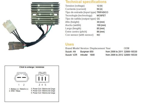 DZE REGULATOR NAPIĘCIA SUZUKI AN 650 BURGMAN '06-'11; VZR 1800 INTRUDER '06-'12 (OEM 32800-10G30) MOSFET (50A)