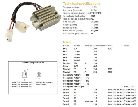 DZE REGULATOR NAPIĘCIA SUZUKI GN 125 '91-'01; GN 250 '88-'01; GS 125 '99-'00; EN 125 '03-'08; BETA (ESR142) (32800-29B00)