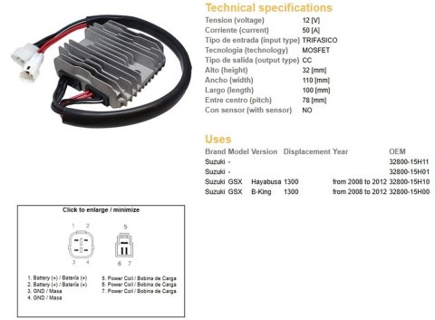 DZE REGULATOR NAPIĘCIA SUZUKI GSXR 1300 HAYABUSA '08-'12; B-KING 1300 '08-'12 (50A) (OEM:32800-15H10)