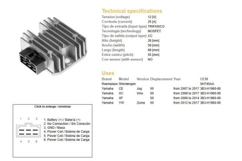 DZE REGULATOR NAPIĘCIA YAMAHA CE 50 JOG '07-'17; XC 50 VINO '08-'14; XF 50 '06-'14; YW 50 ZUMA '12-'17 (3B3-H1960-00) MOFSET (35