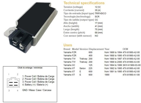 DZE REGULATOR NAPIĘCIA YAMAHA TW 200 '88-'00; XT 225 SEROW '92-'95; FZR 400/600 '88-'94; XT 600E '90-95 (ESR083) (47X-81960-A2-0