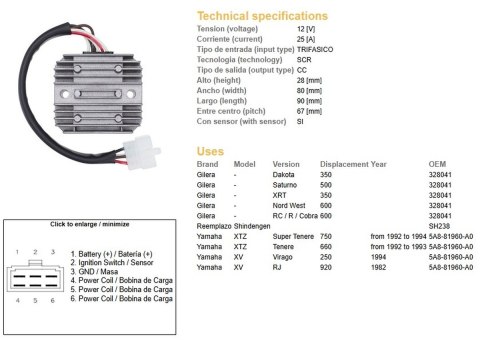 DZE REGULATOR NAPIĘCIA YAMAHA XTZ 660 '92-'93, XTZ 750 '92-'94, XV 250 VIRAGO '94; GILERA DAKOTA/SATURNO/XRT/NORD WEST/ RC/R/COB