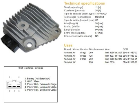 DZE REGULATOR NAPIĘCIA YAMAHA XV 125 VIRAGO '97-'98; XV 250 VIRAGO '96-'07; XV 250 V-STAR '08-'15 (3DM-81960-00)