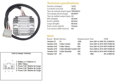 DZE REGULATOR NAPIĘCIA YAMAHA XVS 650 V-STAR '01-'16; YZF 750 R7 '99; FZS 1000 '01-'05; (5KP-81960-00) (35A) (ESR266) (5FL-81960