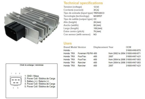 DZE REGULATOR NAPIĘCIA HONDA TRX 400 FOUR TRAX '04-'07; TRX 400 RANCHER '04-'07; TRX 450 FE/FM FOREMAN '02-'04 (35A) (31600-HN7-