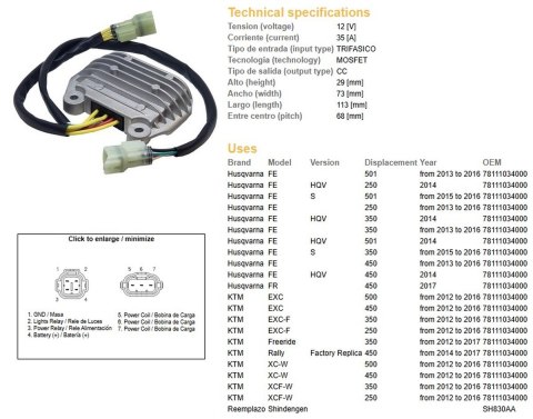 DZE REGULATOR NAPIĘCIA HUSQVARNA FE 250/350/450 '13-'16; KTM EXC-F 250/350 /EXC 450/500 /XCF-W 250/350 /XC-W 450/500 '12-'16 (OE