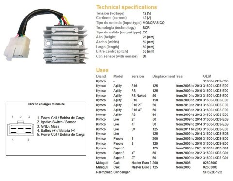 DZE REGULATOR NAPIĘCIA KYMCO AGILITY 50/125/150 '08-'13; PEOPLE 125/200 '05-'10; SUPER 8 50/125 '08-'12 (OEM 31600-LCD3-C01)
