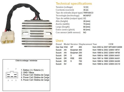 DZE REGULATOR NAPIĘCIA SUZUKI AN 250 BURGMAN '98-'02; AN 400 BURGMAN '99-'02; SV 650 '99-'02; DR 650RSE '91-96; DR 750S '88-'89;
