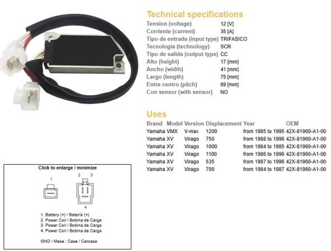DZE REGULATOR NAPIĘCIA YAMAHA XV 535 VIRAGO '87-'96; XV 700 VIRAGO '84-'87; XV 750 VIRAGO '88-'96; XV 1000 VIRAGO '84-'85; VMX 1