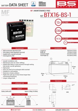 BS AKUMULATOR BTX16-BS1 (YTX16-BS-1) 12V 14AH 152X88X161 BEZOBSŁUGOWY - ELEKTROLIT OSOBNO (230A) (4) UE2019/1148