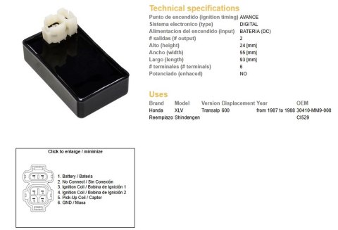 DZE MODUŁ ZAPŁONU CDI HONDA XL 600V TRANSALP '87-'88 (30410-MM9-008)