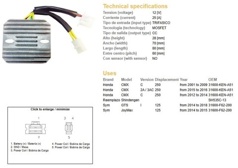 DZE REGULATOR NAPIĘCIA HONDA CMX 250 '01-'14 (31600-KEN-A51) (SH535C-13) (ESR181)