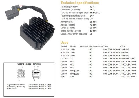 DZE REGULATOR NAPIĘCIA KYMCO MXU 150/250/300 '04-'11; CAN AM DS 250 '06-'15; ARCTIC CAT 150/250/300 '06-'19 (35A) (31600-LBA7-90