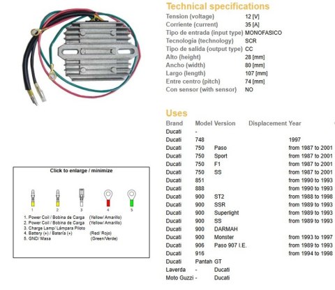 DZE REGULATOR NAPIĘCIA DUCATI 748/750/851/888/900/906/916 '87-'01 (JEDNOFAZOWY, 35A) (ESR510;ESR515)