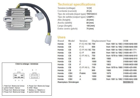 DZE REGULATOR NAPIĘCIA HONDA CB 750F/C/K '81-'83; CB 900 '81-'82; CB 1000 '83; CBX 1000A '81-'82 (OEM-31600-MA6-000) (ESR210) (3