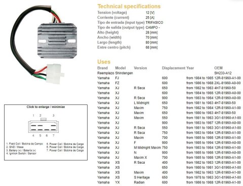 DZE REGULATOR NAPIĘCIA YAMAHA XJ 550/600/650/750/900 '80-'89; XS 650 '78-'83; YX 600 RADIAN '86-'88 (12R-81960-A1-00; 4H7-81960-