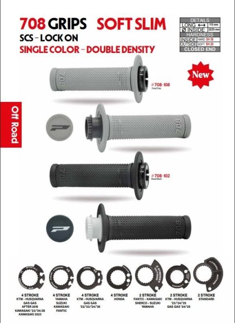 PROGRIP MANETKI PG708 OFF ROAD Z BLOKADĄ SCS LOCK-ON + 7 ADAPTERÓW ROLGAZU (22+25MM) KOLOR SZARY DWUSKŁADNIKOWE DŁ. 115MM (708-4