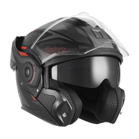 NOX PREMIUM KASK SZCZĘKOWY FLIP-BACK (SZCZĘKA DO TYŁU) Z BLENDĄ SPINNER ARK KOLOR CZARNY MAT/CZERWONY ROZMIAR L