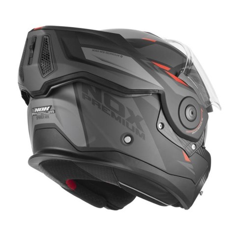NOX PREMIUM KASK SZCZĘKOWY FLIP-BACK (SZCZĘKA DO TYŁU) Z BLENDĄ SPINNER ARK KOLOR CZARNY MAT/CZERWONY ROZMIAR L