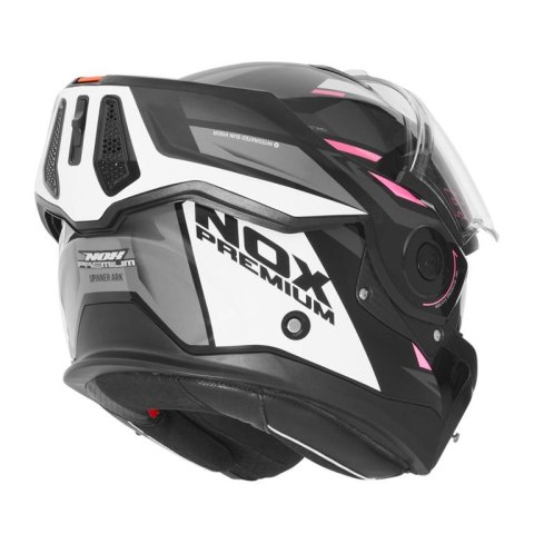 NOX PREMIUM KASK SZCZĘKOWY FLIP-BACK (SZCZĘKA DO TYŁU) Z BLENDĄ SPINNER ARK KOLOR CZARNY/BIAŁY/RÓŻOWY ROZMIAR M