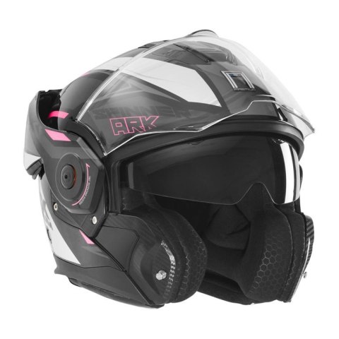 NOX PREMIUM KASK SZCZĘKOWY FLIP-BACK (SZCZĘKA DO TYŁU) Z BLENDĄ SPINNER ARK KOLOR CZARNY/BIAŁY/RÓŻOWY ROZMIAR XS