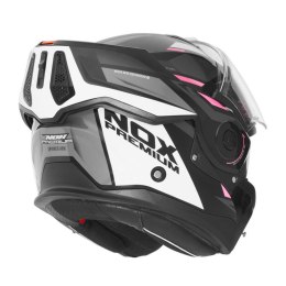 NOX PREMIUM KASK SZCZĘKOWY FLIP-BACK (SZCZĘKA DO TYŁU) Z BLENDĄ SPINNER ARK KOLOR CZARNY/BIAŁY/RÓŻOWY ROZMIAR XS