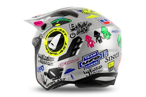 UFO KASK SHERATAN JET / TRIAL Z BLENDĄ PRZECIWSŁONECZNĄ KOLOR SREBRNY Z KOLOROWYMI APLIKACJAMI UFO ROZMIAR XL - KOLEKCJA 2025/20