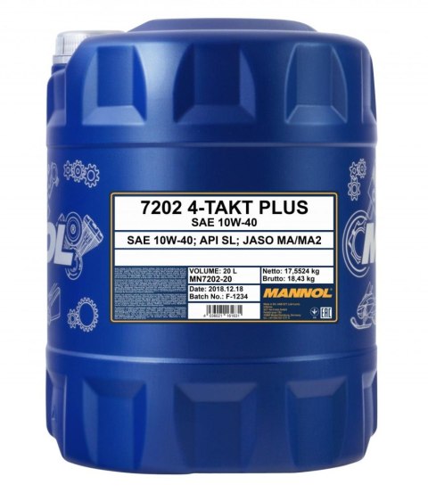 MANNOL OLEJ SILNIKOWY 4T PLUS 10W40 20L (API SL, JASO MA/MA2) SEMISYNTETYK (7202) MANNOL OLEJ SILNIKOWY 4T PLUS 10W40 20L (API SL, JASO MA/MA2) SEMISYNTETYK (7202)